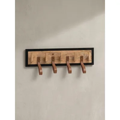 Wandgarderobe Mango Massivholz Echtleder Modern 60x15x6 cm mit Schlaufen
