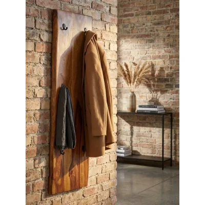 Wandgarderobe Massivholz Metall Modern 40x140x7 cm mit Baumkante und 2-reihiger Hakenleiste