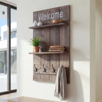 Wandgarderobe MCW-C89 Welcome, Garderobe Garderobenpaneel, Shabby-Look Vintage, 90x60cm ~ braun, shabby