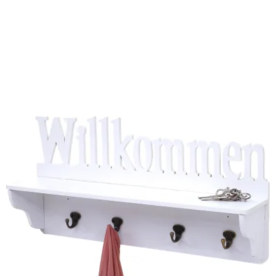 Wandgarderobe MCW-D41 Willkommen, Garderobe Regal, 4 Haken massiv 30x60x13cm ~ weiß