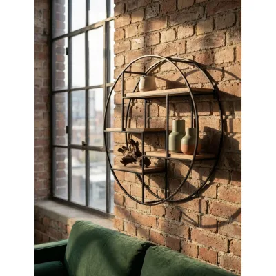 Wandregal Mango Massivholz Metall Industrial Stil Rund 70x70x18 cm