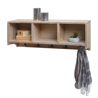 Wandregal MCW-K49, Garderobe Wandgarderobe Regal, 3 Staufächer 5 Haken 30x80x20cm Holz ~ naturbraun