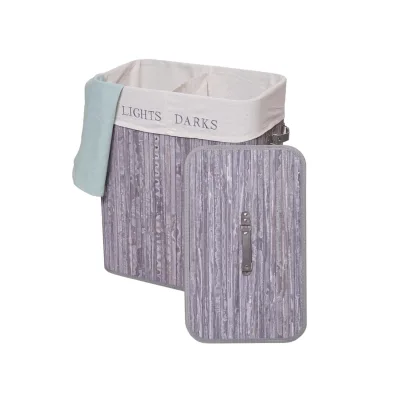 Wäschekorb MCW-C21, Laundry Wäschebox Wäschesammler Wäschebehälter, Bambus 2 Fächer 63x55x34cm 100l ~ grau-blau