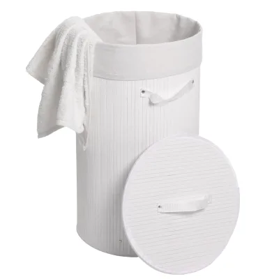 Wäschekorb MCW-C21, Laundry Wäschebox Wäschesammler Wäschebehälter Wäschetonne, Bambus rund 59x35cm 50l ~ weiß