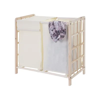 Wäschesammler MCW-B60, Laundry Wäschebox Wäschekorb, Massiv-Holz 2 Fächer 60x60x33cm 68l ~ hellbraun, Bezug creme