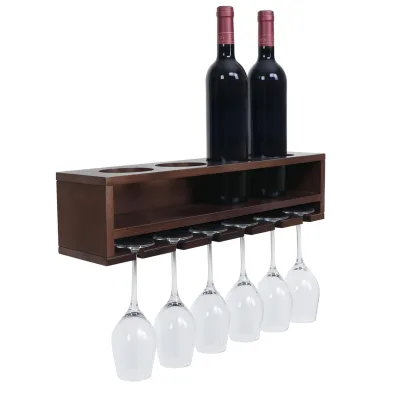 Weinregal MCW-P21, Glas-/Flaschenhalter Wandbar Regal für 4 Flaschen/6 Gläser Holz MVG-zertifiziert 12x48x12cm ~ braun