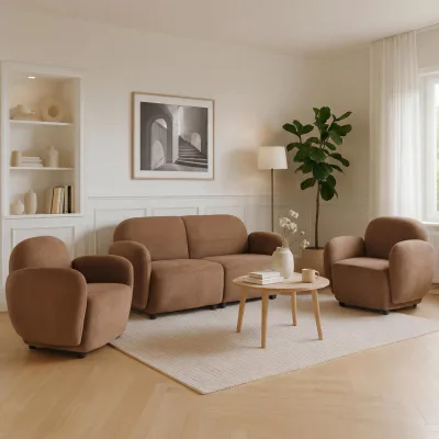 Wohnzimmer-Set MCW-P33, 2er-Sofa 2x Sessel, Stoff/Textil Chenille (330 g/m²) ~ braun