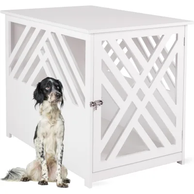 WONDERMAKE® Design Hundekäfig aus Holz für Zuhause Wohnung mit Beistelltisch, Hundebox fürs Wohnzimmer Indoor, 90x60 cm weiß
