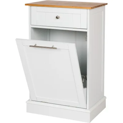 WONDERMAKE® Wäscheschrank hoch oder Mülleimer-Schrank aus Holz / Bambus, Wäschesammler Hochschrank für Badezimmer oder Küche ausklappbar mit Schublade, 51 x 37 x 82 cm, weiß