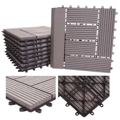 WPC Bodenfliese Sarthe + Abschluss, Holzoptik Balkon/Terrasse, 11x je 30x30cm = 1qm Premium ~ grau versetzt