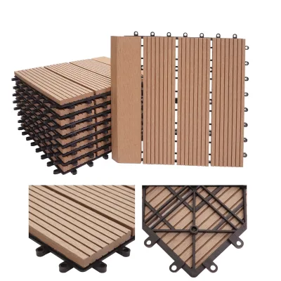 WPC Bodenfliese Sarthe + Abschluss, Holzoptik Balkon/Terrasse, 11x je 30x30cm = 1qm Premium ~ teak linear senkrecht
