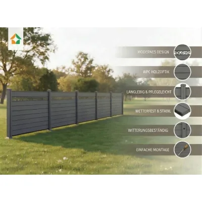 WPC-Sichtschutzzaun Valla – 5 Elemente mit 6 Pfosten – 190 cm Höhe mit Dekorelement – Grau