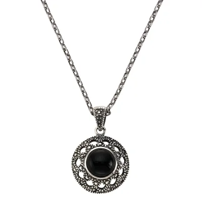 Zeeme Gemstones Halskette Silber 925 oxydiert 45cm lang mit schwarzem Achat 10mm