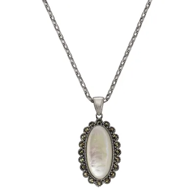 Zeeme Gemstones Halskette Silber 925 oxydiert 45cm lang mit weißem Perlmutt und Markasit-Steinen