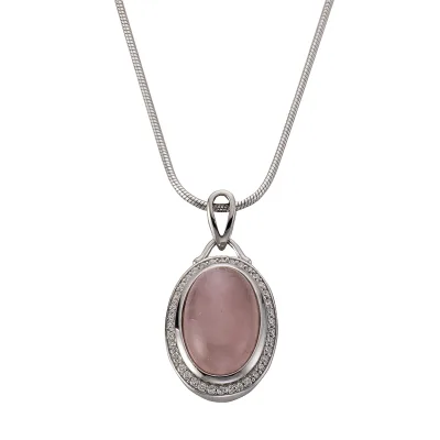 Zeeme Gemstones Halskette Silber 925 rhodiniert 42+5cm mit echtem Rosenquarz und Zirkonia-Steinen