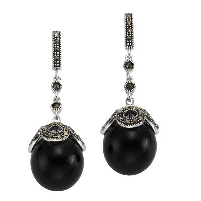 Zeeme Gemstones Ohrringe Silber 925 rhodiniert mit 2x Onyx und 76x Markasit