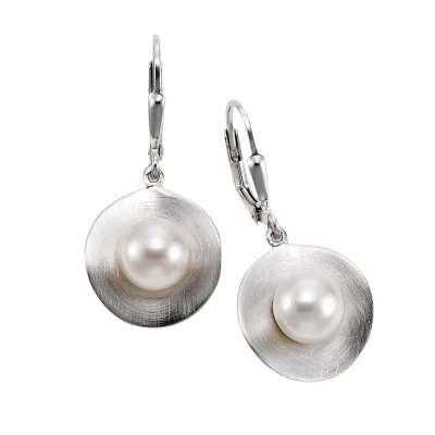 Zeeme Pearls Ohrringe Silber 925 rhodiniert mattiert mit 2x Perle weiß 7-8mm
