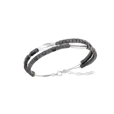 Zeeme Stainless Steel Armband Edelstahl 2-reihig mit Hämatit-Steinen 17,5+3cm lang