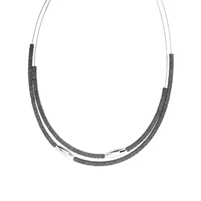 Zeeme Stainless Steel Halskette Edelstahl 2-reihig mit Hämatit-Steinen 42+5cm lang