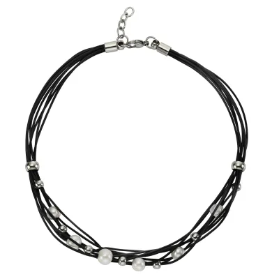 Zeeme Stainless Steel Halskette Leder schwarz mit Stahlkugeln und weißen Perlen