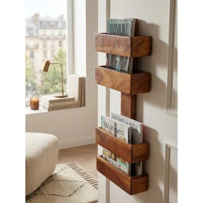 Zeitungsständer MUMBAI Massivholz mit 2 Fächern Landhausstil, Dunkelbraun 30x10x72 cm